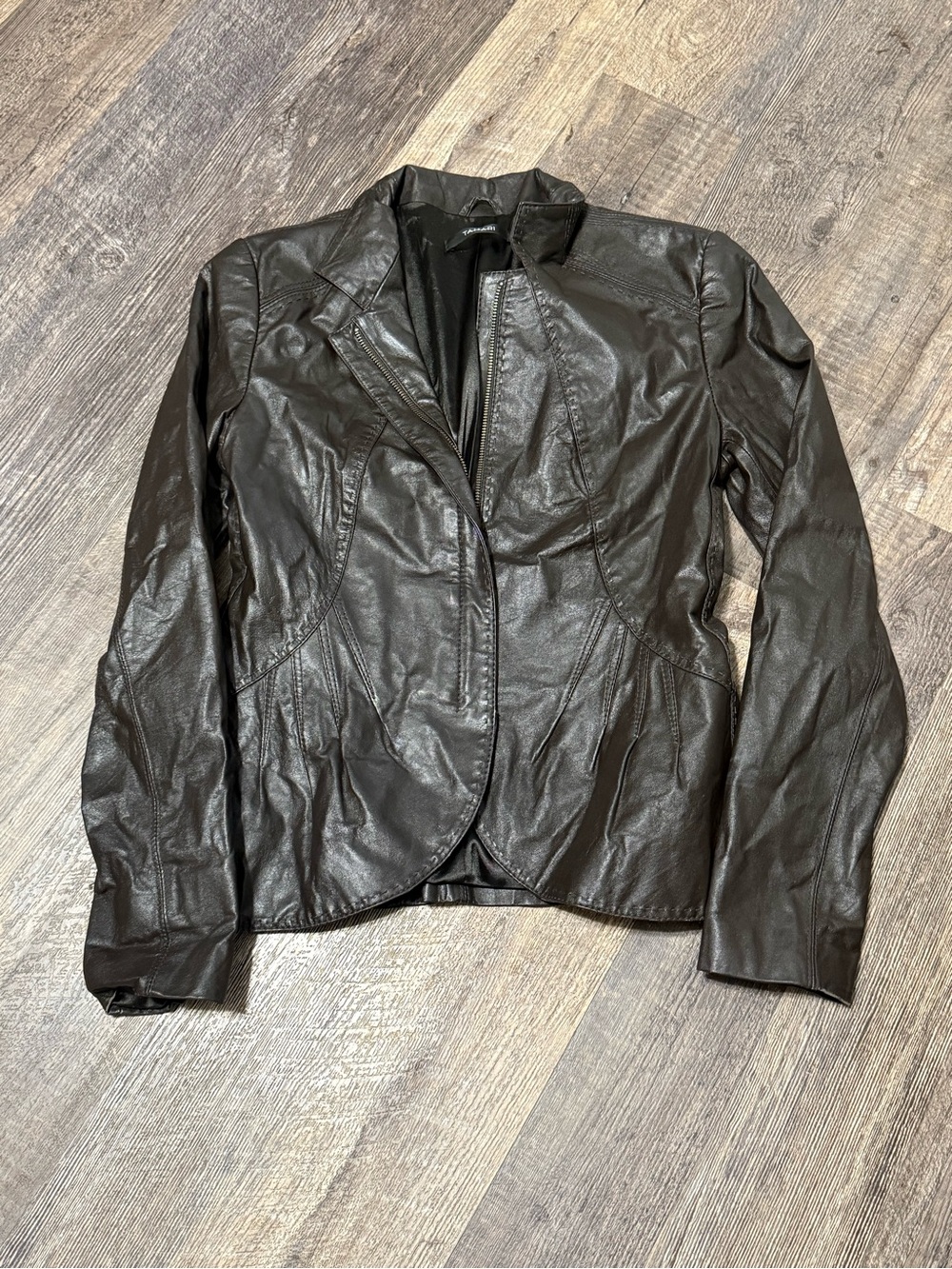 Tahari Dark Brown 100% Lamb Leather Moto Jacket Small